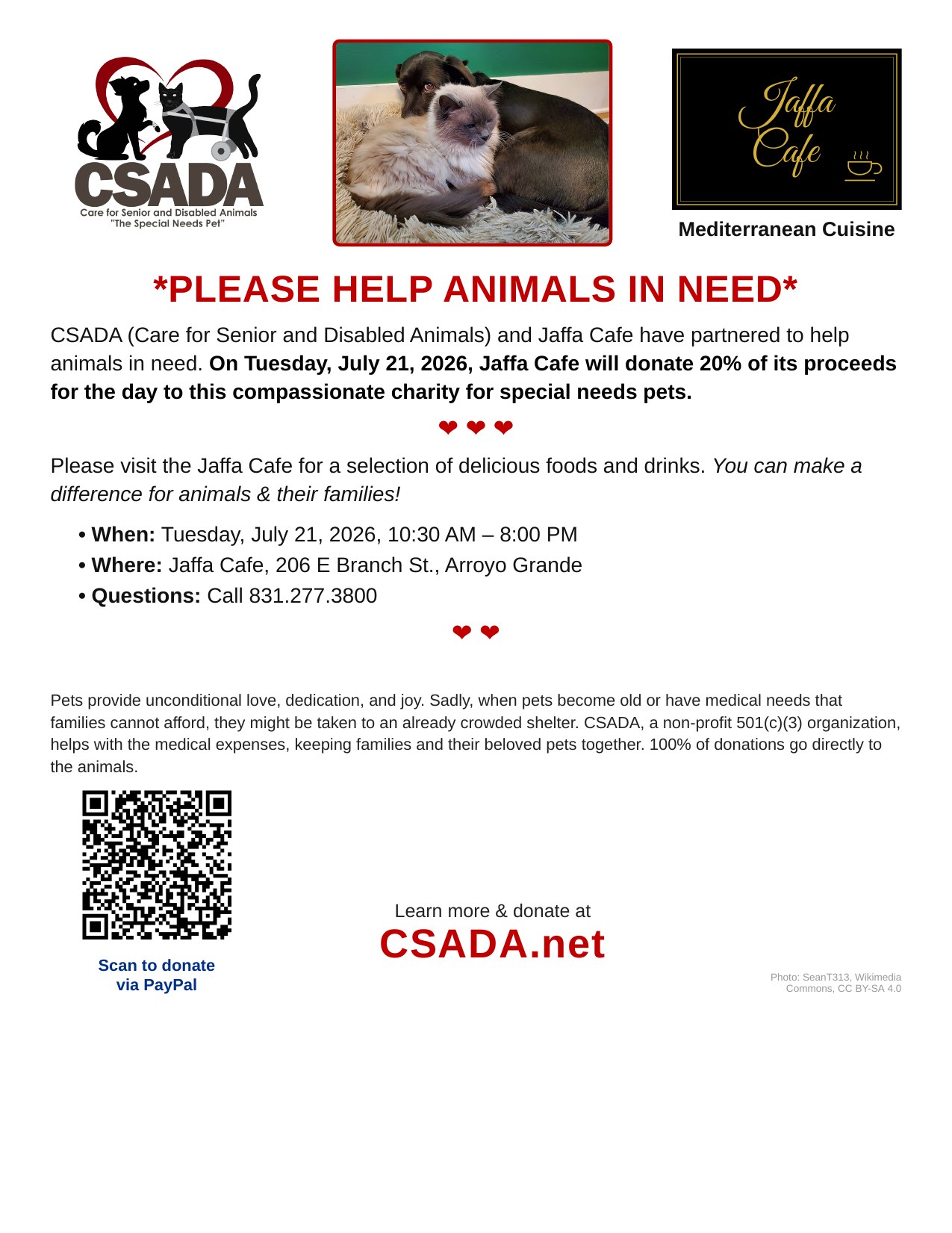 CSADA and Jaffa Cafe fundraiser flyer - Tuesday, July 21, 2026, Arroyo Grande